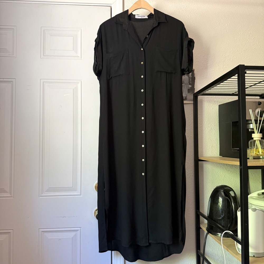 PAMPELONE black short sleeve cuffed button up midi shirt dress